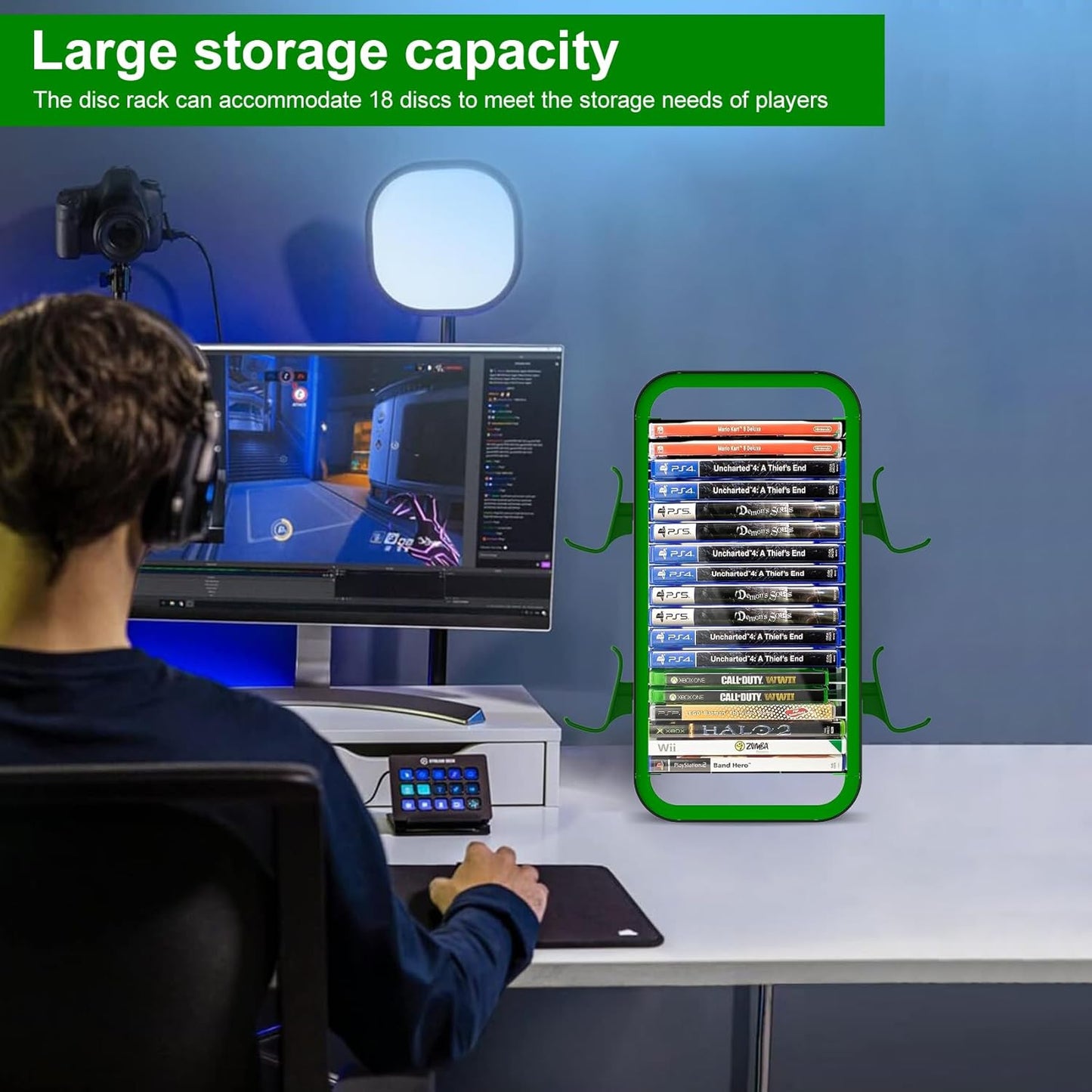 OYO-1【40cm】Game Storage Tower Compatible with PS5/ Xbox Series S & X/Switch, Universal Video Games Discs Organizers 18 PCS with 4 Controllers Holder, Game Disk Box Stand. (Black/Green)