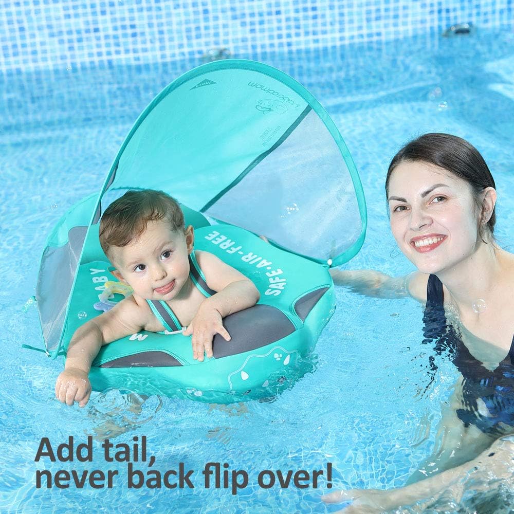 Mambobaby Float Non Inflatable Smart Swim Trainer Newest Size Improved Add Tail Never Flip Over UPF 50+ Sun Canopy Baby Swim Float Mambo Baby Float Solid Swimming Ring Infant Pool Float