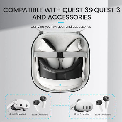 OPTOSLON Q3S Hard Carrying Case for Meta Quest 3/Quest 3S VR Headset, Touch Controller, Original Fabric Strap & Accessories, Ideal for Travel & Home Storage with Comfort Protection