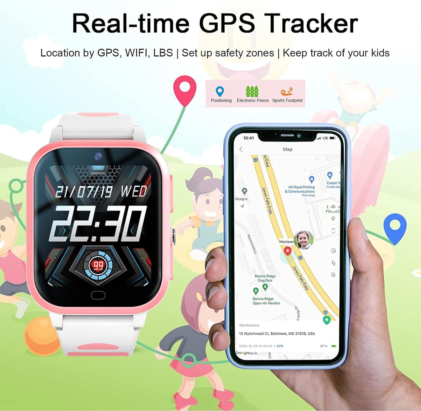 Kids 4G GPS Smart Watch Whatsapp Chat Phone Tracker Smartwatch Worldwide Real-time Tracking Video Call Voice Message Camera SOS Alarm Geo-Fence Pedometer Anti-Lost for 3-15 Boys Girls Gift Pink
