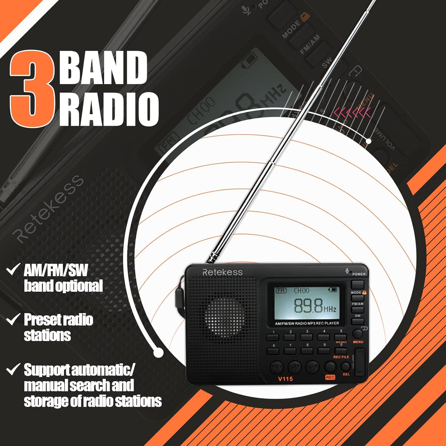 Retekess V115 Digital Radio AM FM, Portable Shortwave Radios, Rechargeable Digital Tuner and Presets, Support Micro SD and AUX Record, Bass Speaker Black