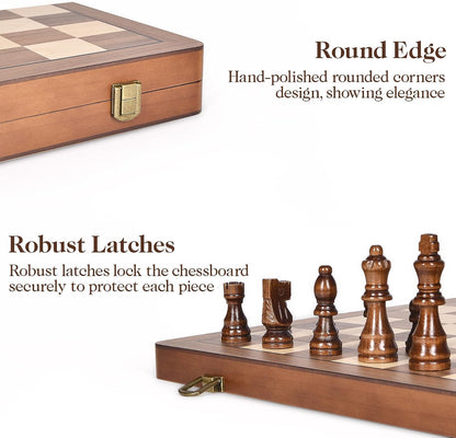 15 Inch Wooden Chess Set with Magnetic Pieces, Folding Chess Board, Extra Queens, Portable Travel Tournament Chess Game for Adults & Kids