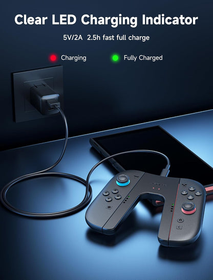 JSAUX Switch 2 Charging Grip for Nintendo Switch 2, snap-fit Grip Controller Compatible with Switch 2 Joycons, Play While Charging with LED Indicator& 1.5m/4.9ft Charger Cable-Black