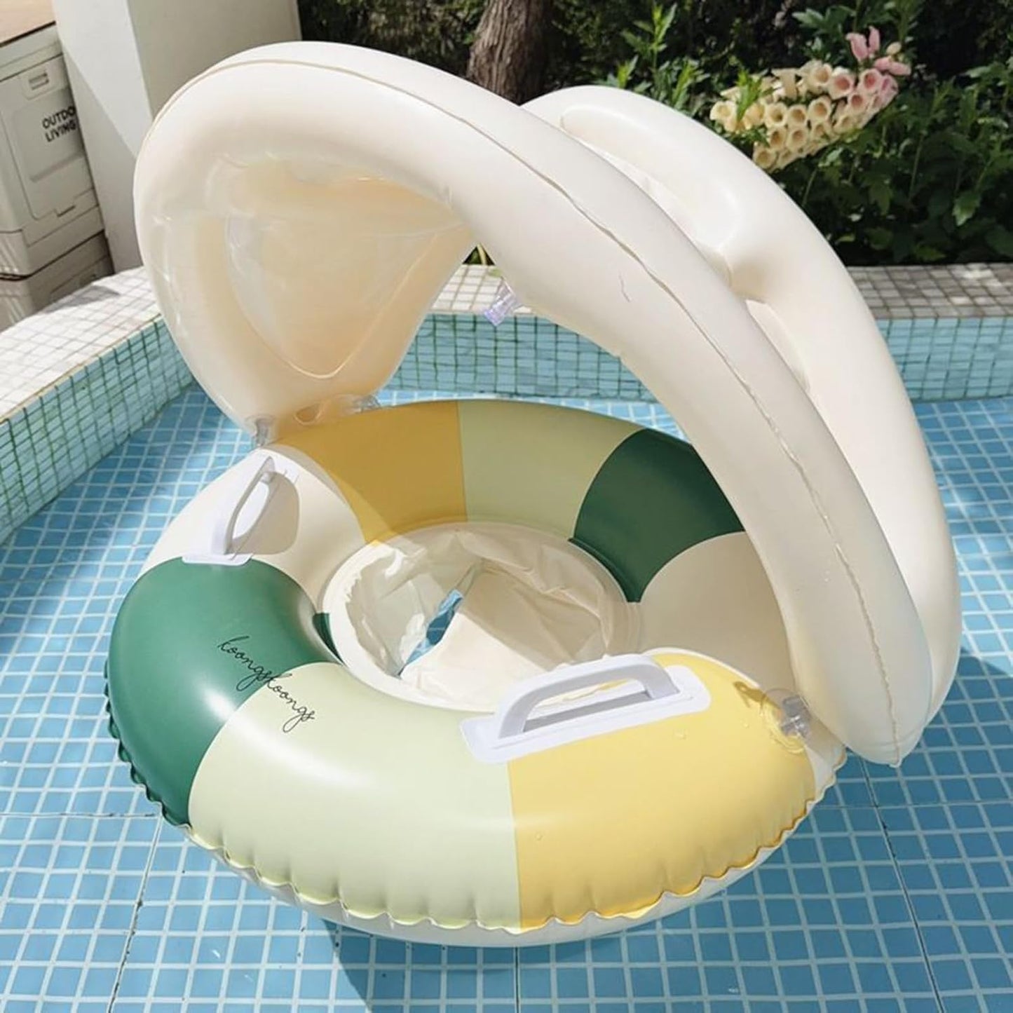 Baby Pool Float - Swimming Pool Stand with Sun Protection, Inflatable Ring with Sun Protection, Foldable, Floating Safety Seat for Children