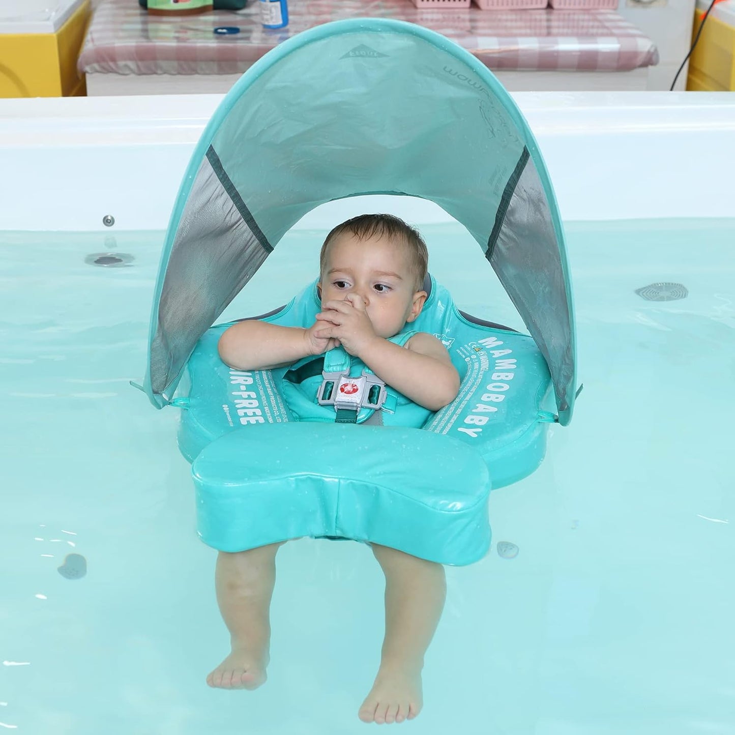 Baby Float, Mambobaby Float Add Tail Newest Mambo Baby Swimming Float with Canopy, Waterproof Non-Inflatable Solid Baby Swim Trainer with Adjustable Safety Strap