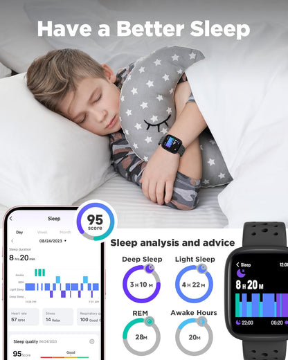 BIGGERFIVE Smart Watch for Kids No APP No Phone Needed, 1.8" Fitness Tracker Watch Pedometer, Sleep Monitor, IP68 Waterproof, Step Counter, Puzzle Games for Girls Boys Teens 5-16, Black