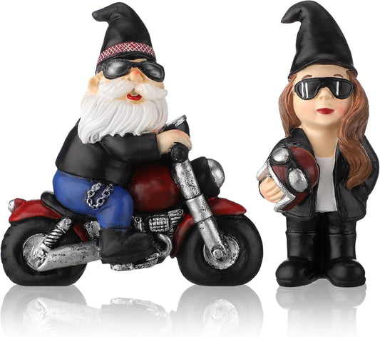 2 Pcs Biker Gnomes Coffee Riding Motorcycle Christmas Swedish Tomte Gnomes Resin Figurines Tiered Tray Collectible Tabletop Decor for Home Farmhouse Office Decor (Biker Gnome)