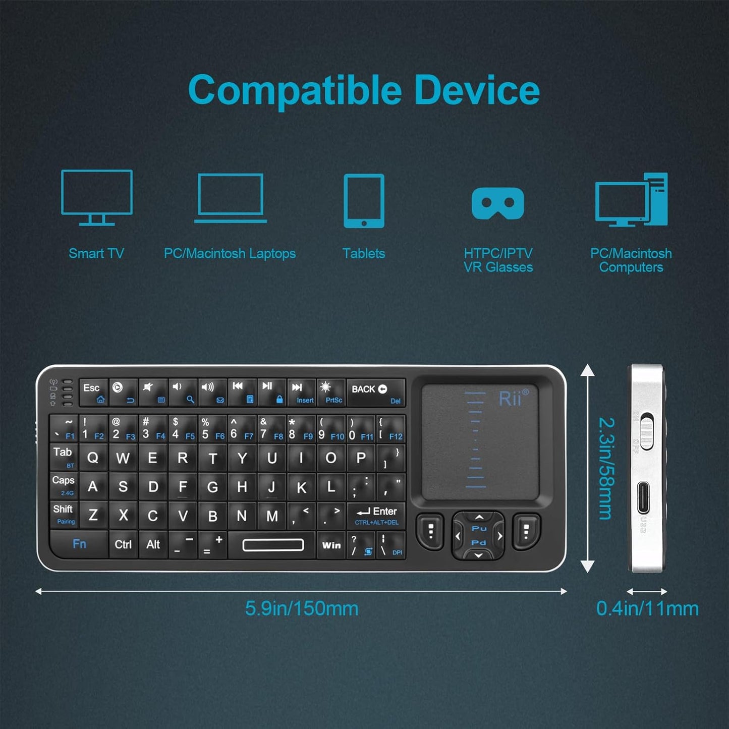 Rii Mini Bluetooth Keyboard K06,Backlit Wireless Keyboard with IR Learning TV Remote, Portable Keyboard with Touchpad Compatible with Android TV Box,Projector,Laptop,PC for Android,Windows,Mac