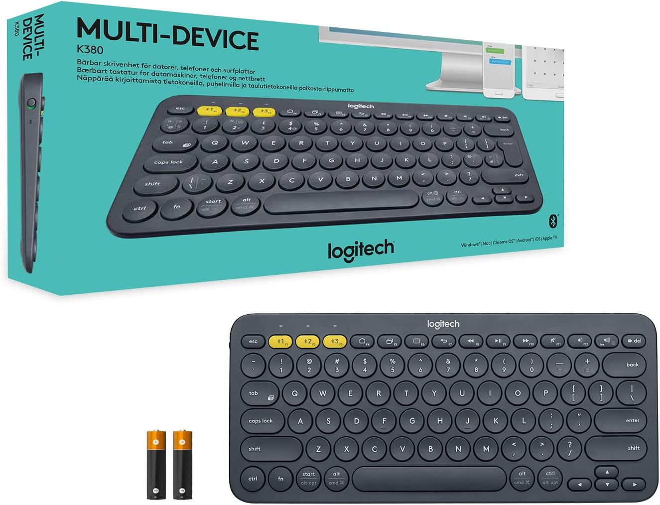Logitech K380 Multi-Device Bluetooth Wireless Keyboard with Easy-Switch for Up to 3 Devices, Slim, 2 Year Battery-PC, Laptop, Windows, Mac, Chrome OS, Android, iPadOS, Apple TV, Dark Grey