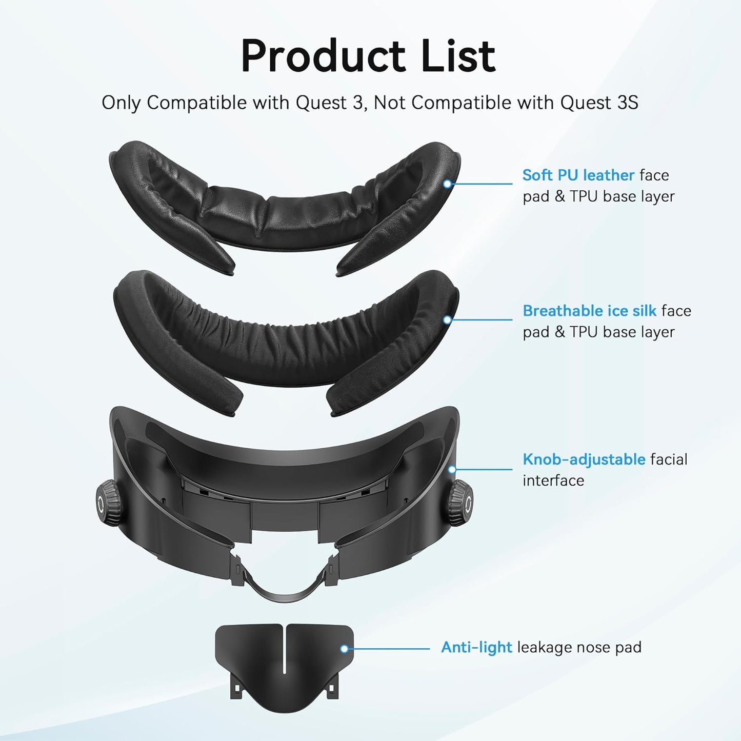 AMVR Upgraded Facial Interface Compatible with Meta/Oculus Q3 Accessories, with 2 Face Cover Pad Replacement, PU Face Cushion and Breathable Ice Silk Cotton, Knob Adjustable