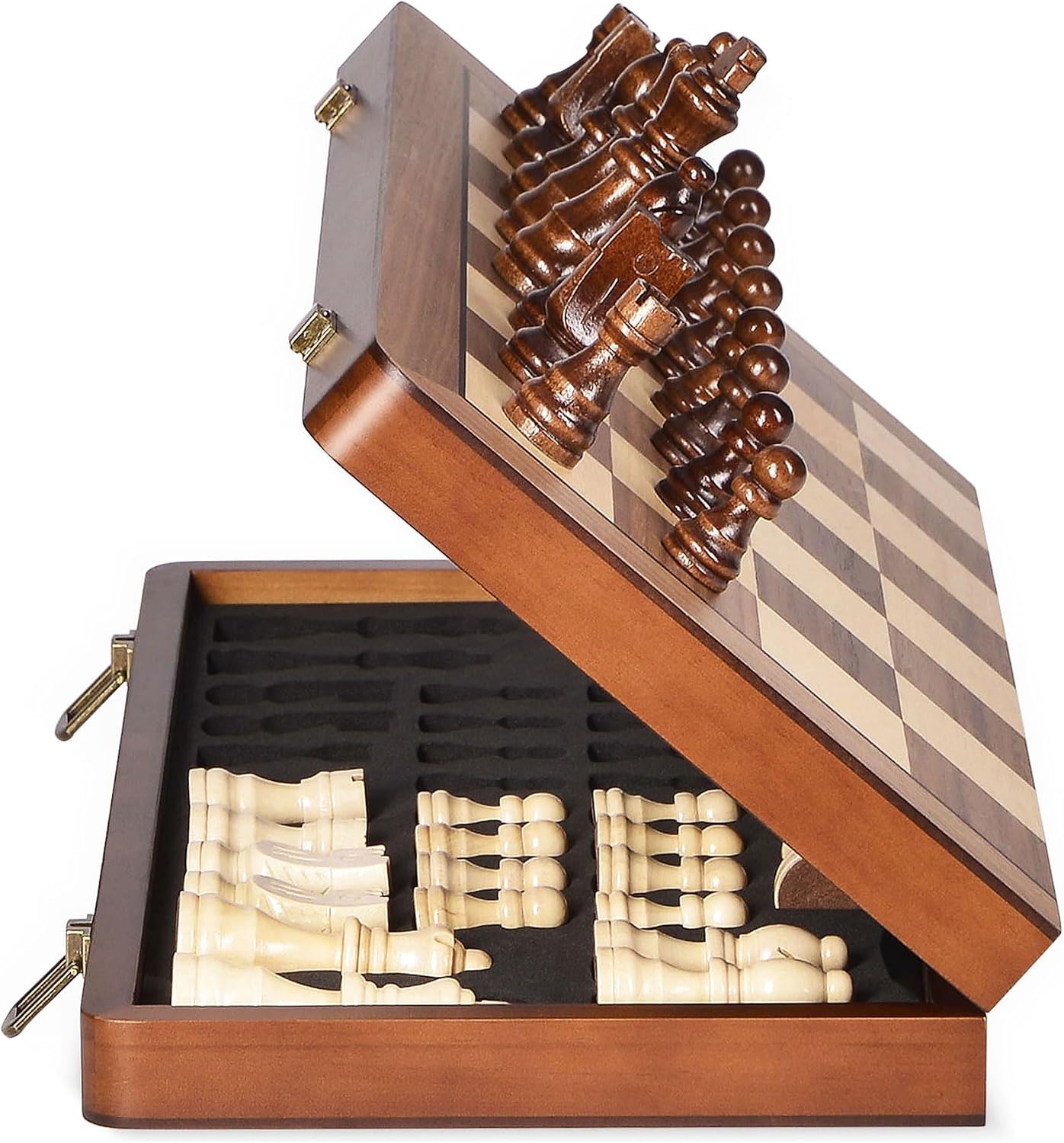 15 Inch Wooden Chess Set with Magnetic Pieces, Folding Chess Board, Extra Queens, Portable Travel Tournament Chess Game for Adults & Kids