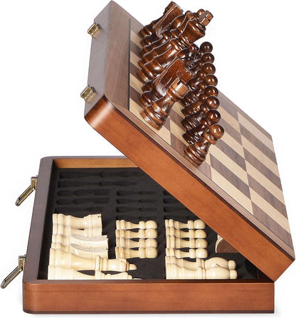 15 Inch Wooden Chess Set with Magnetic Pieces, Folding Chess Board, Extra Queens, Portable Travel Tournament Chess Game for Adults & Kids