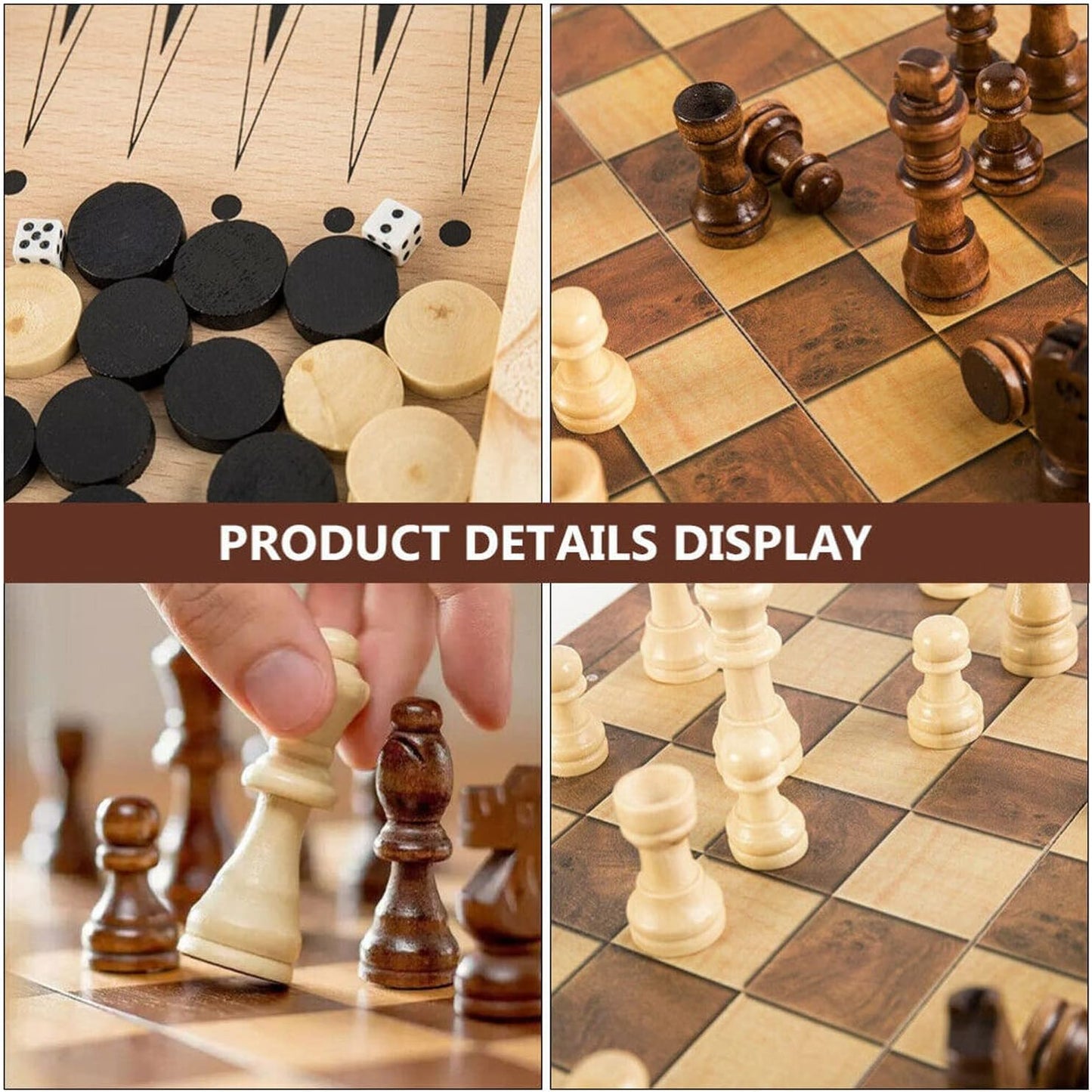 40cm Large Wooden Chess Set with Folding Board, Storage Slots, Chessmen Pieces, 3-in-1 Chess Backgammon Checkers Board Game for Adults & Kids