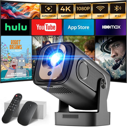 Projector [Auto Focus & 1080P Native & Bulit-in Apps] 4K Support Auto Correction Air Remote WiFi 6 Bluetooth 5.4 Portable Projector Compatible with HDMI/TV Stick/Memory Stick/Laptop, White
