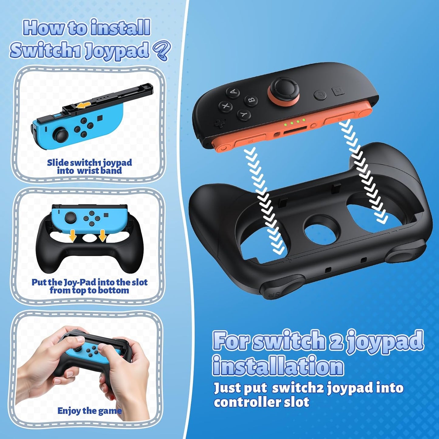 [Switch 1/2 Compatible] FASTSNAIL Grips for Nintendo Switch2 (2025)/1/OLED for Joy-Con 2, Wear-Resistant & Anti-Slip Controller Grips Handle Kit, Switch 2 Holder for Joycon 2/1 Accessories 4 Pack
