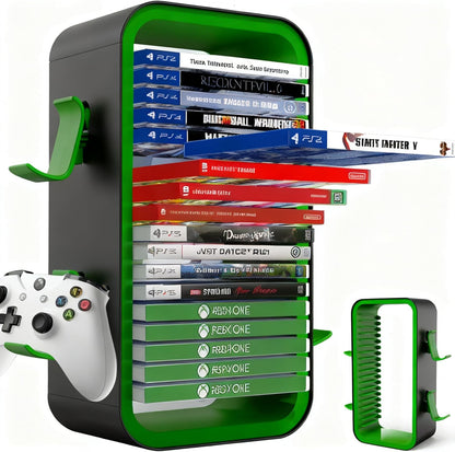 OYO-1【40cm】Game Storage Tower Compatible with PS5/ Xbox Series S & X/Switch, Universal Video Games Discs Organizers 18 PCS with 4 Controllers Holder, Game Disk Box Stand. (Black/Green)