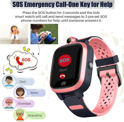 Kids 4G GPS Smart Watch, Waterproof Phone Smartwatch, Worldwide Real-time Tracking Video Phone Call Camera SOS Alarm Geo-Fence Touch Screen Pedometer Anti-Lost GPS Tracker Watch for Birthday Gift