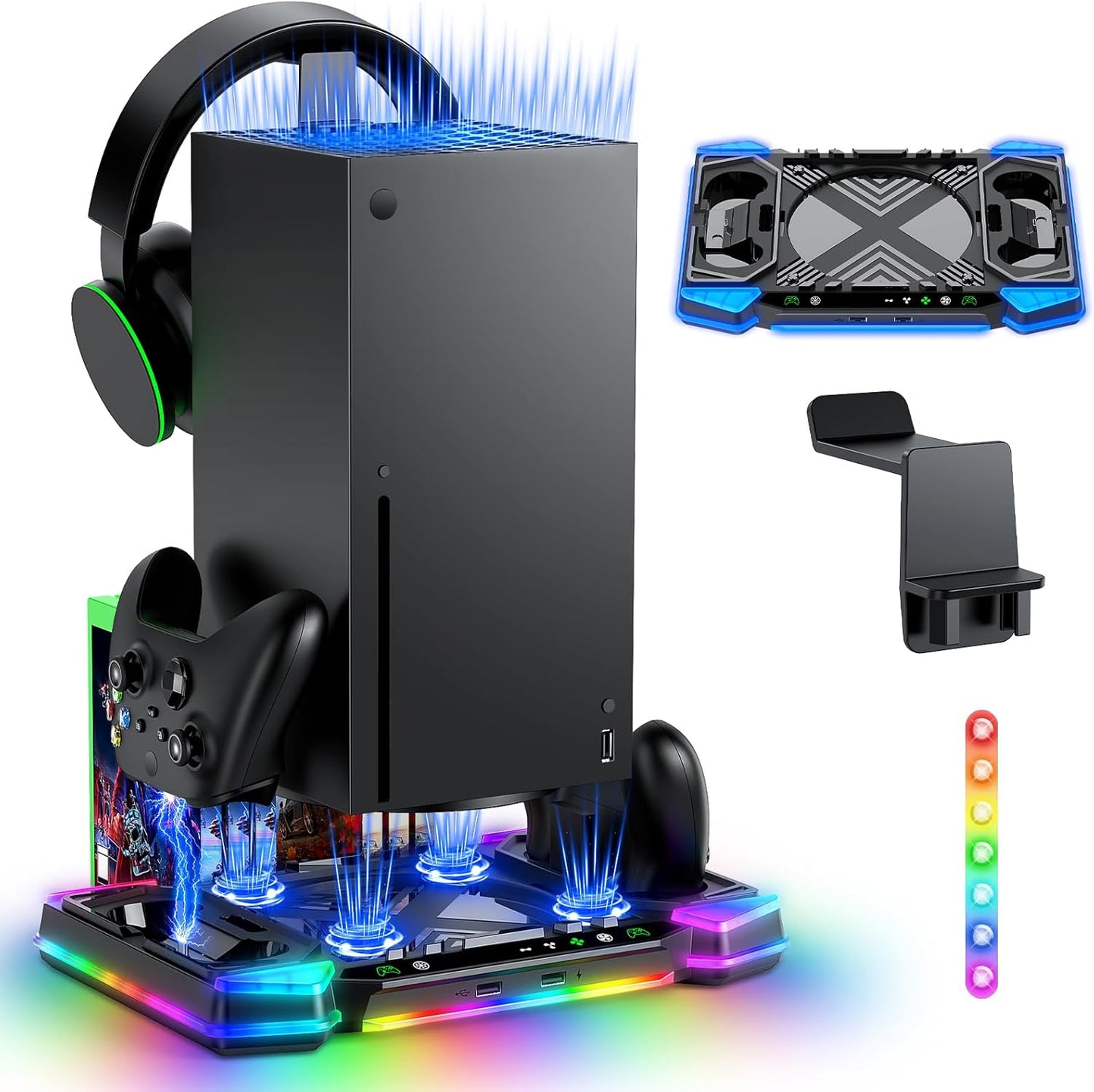 Multi-Function Cooling Stand Compatible with Xbox Series X Console, Dual Charging Dock, RGB Fan System, Headset Holder & Game Storage – Black