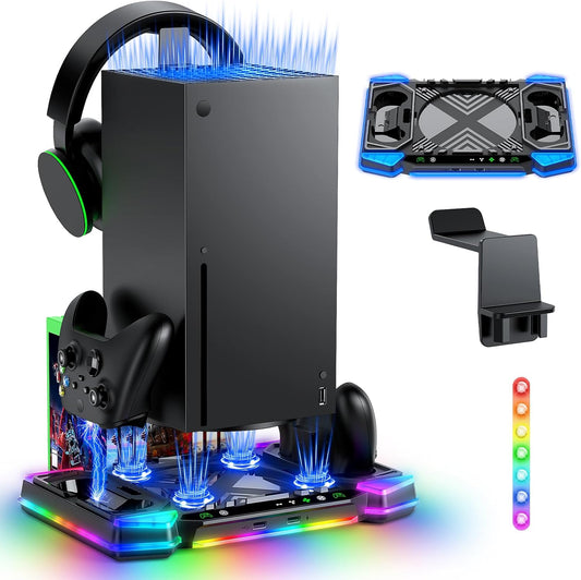 Multi-Function Cooling Stand Compatible with Xbox Series X Console, Dual Charging Dock, RGB Fan System, Headset Holder & Game Storage – Black