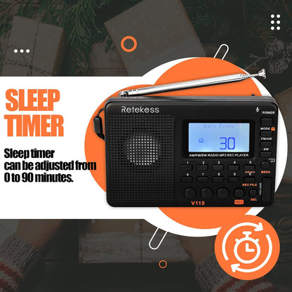 Retekess V115 Digital Radio AM FM, Portable Shortwave Radios, Rechargeable Digital Tuner and Presets, Support Micro SD and AUX Record, Bass Speaker Black