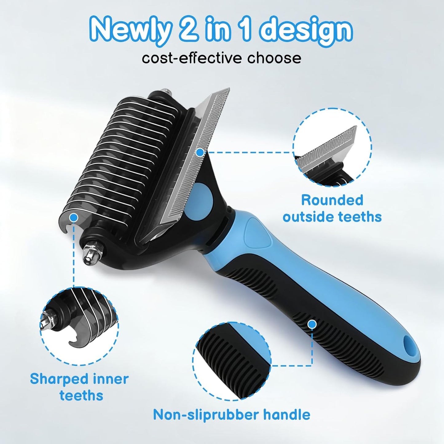 Cat Deshedding Brush & Dog Comb - 2 in 1 Undercoat Rake Detangling Tool for Cats and Dogs with Double Layer Lid, Extra-Wide Grooming & Deshedding for Long Hair (Blue)