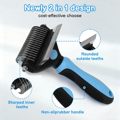 Cat Deshedding Brush & Dog Comb - 2 in 1 Undercoat Rake Detangling Tool for Cats and Dogs with Double Layer Lid, Extra-Wide Grooming & Deshedding for Long Hair (Blue)