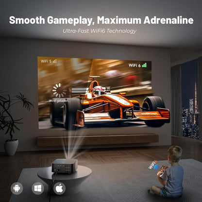 4K Projector【Official Netflix & Focus Electronics/Trapezoidal Correction】 25000 Lumens 1080P Native Full HD Mini Projector, WiFi Bluetooth Smart Projector with YouTube/Prime Video