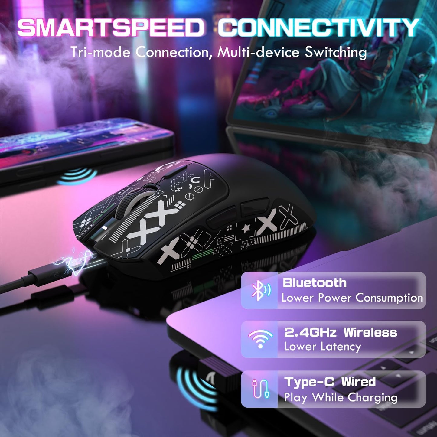 ATTACK SHARK X1 Ultralight Wireless Gaming Mouse with snap-fit RGB Charging Dock,Anti Slip Grip Tape,PixArt PAW3395 Pro Sensor,40000DPI,BT/2.4Ghz/Wired,Optical Micro Switch for PC Mac Gamer(Black)