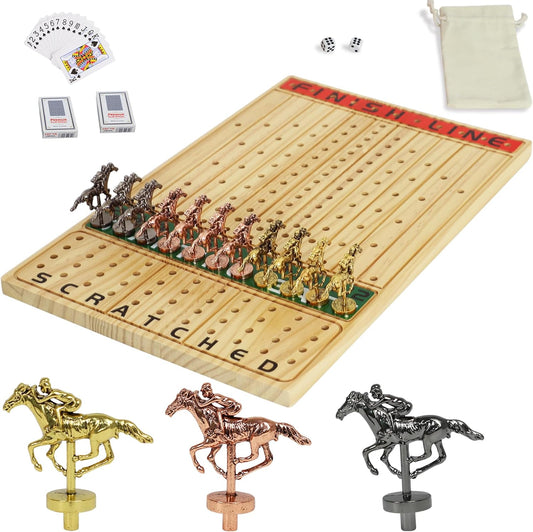 Horse Racing Board Game Solid Wood with 11 Luxury Metal Horses Thickened Pine Finish LINE Race Game Chessboard Including 2 Sets of dice and 2 Boxes of Cards(Log Color)