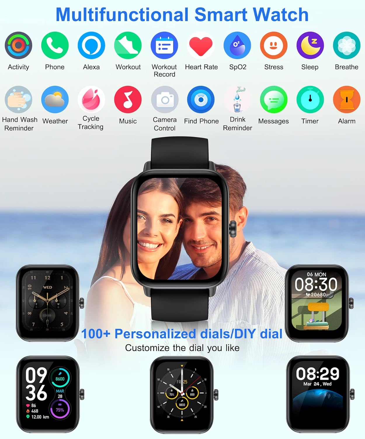 Smart Watch for Men Women with Bluetooth Call, Alexa Built-in, 1.8 Inch DIY Dial Fitness Tracker with Heart Rate Sleep Monitor 100 Sports Modes IP68 Waterproof Smartwatch for Android iOS