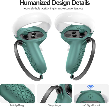 Silicone Protective Cover Set for Meta Quest 2, Pink VR Headset Shell with Controller Grips, Lens Cover, Face Cover, Thumbstick Caps, Anti-Shock Full Protection Accessories Kit (Dark Green)