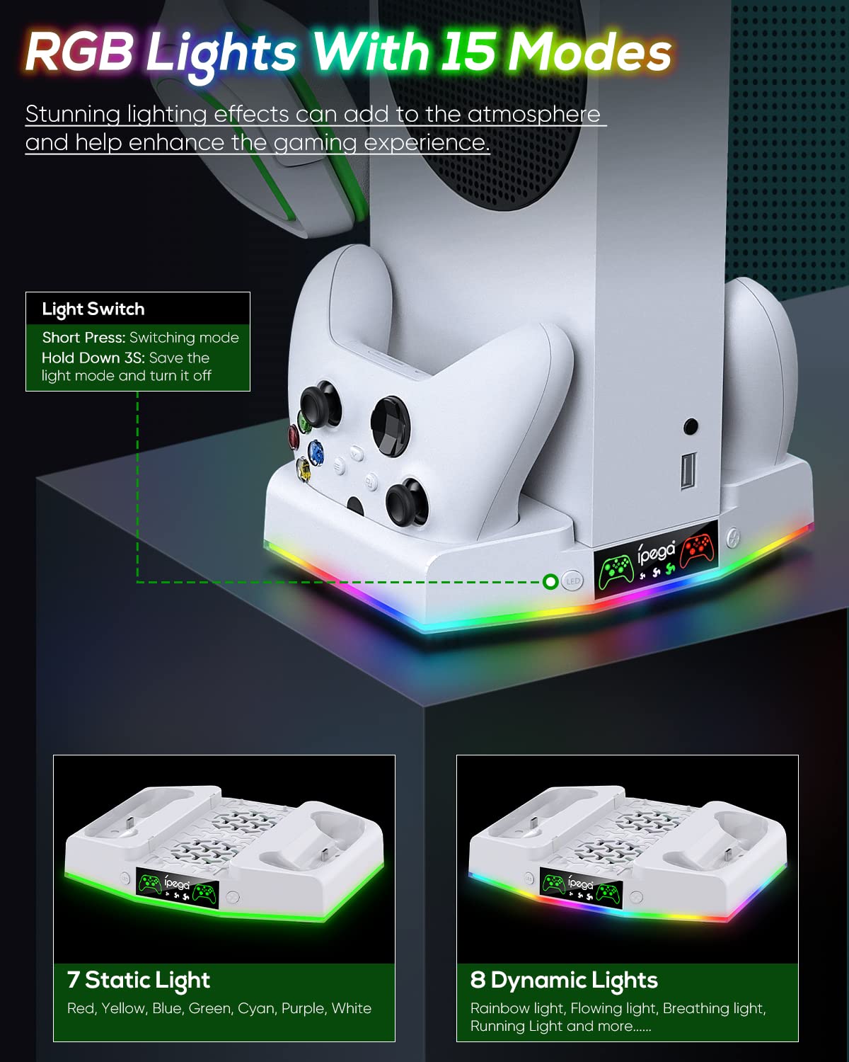 Cooling Stand & Charging Station for Xbox Series S with RGB Light Strip,Dual Controller Charger & Cooler Fan for XSS Console Accessories with 2*1400mAH Rechargeable Battery Pack,1*Headphone Hook,White