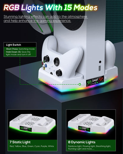 Cooling Stand & Charging Station for Xbox Series S with RGB Light Strip,Dual Controller Charger & Cooler Fan for XSS Console Accessories with 2*1400mAH Rechargeable Battery Pack,1*Headphone Hook,White