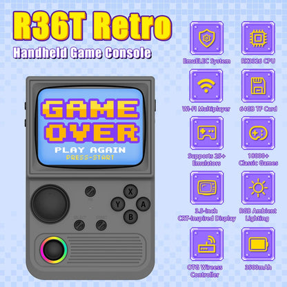 R36T Retro handheld model, 3.5'' IPS Screen CRT-Inspired, handheld model with 18000+ Classic Games Supports WiFi Networked Fighting and OTG, 3500mAh Battery, with Portable Case(Grey 64GB)