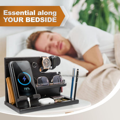 Wood Phone Docking Station Ash Key Holder Wallet Stand Watch Organizer Men Gift Husband Wife Anniversary Dad Birthday Nightstand Purse Father Graduation Male Travel Idea Gadgets (Brown)