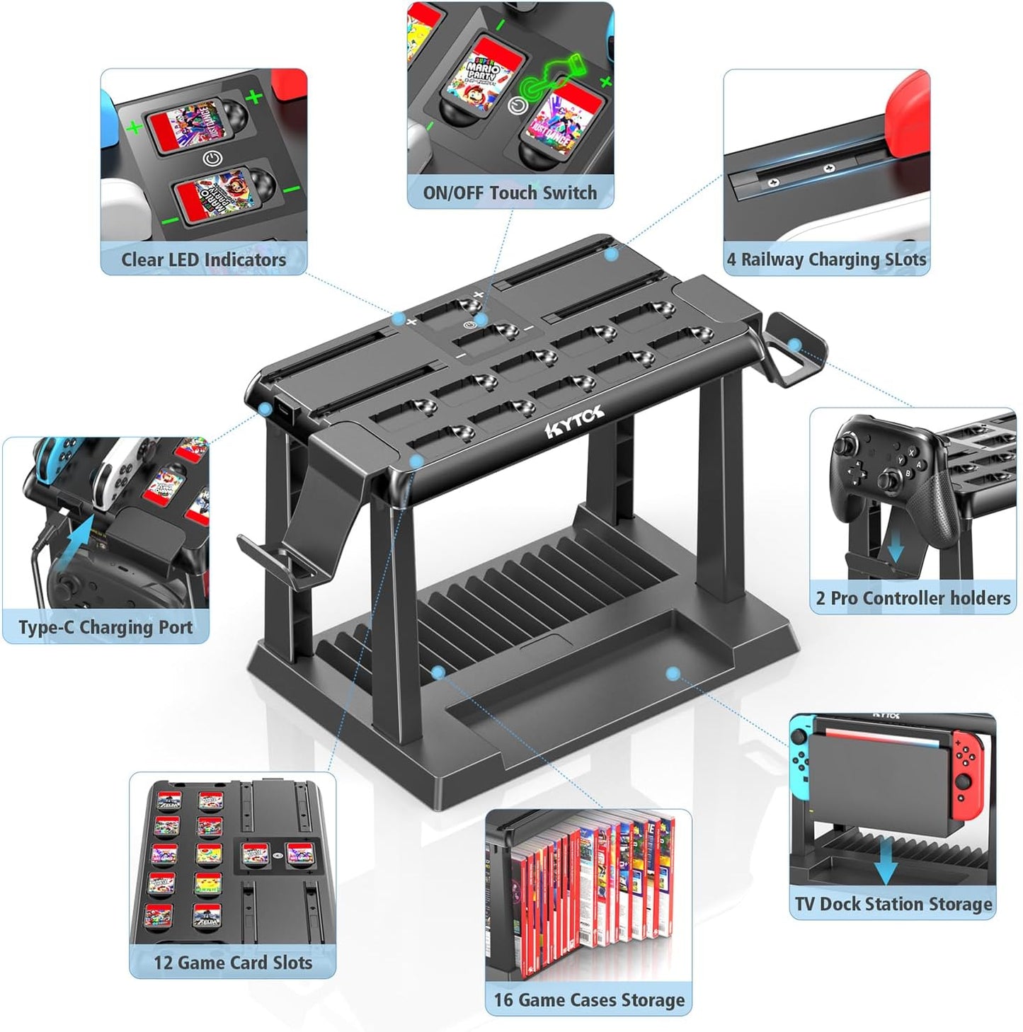 Switch Games Organizer Station with Controller Charger, Charging Dock for Nintendo Switch & OLED Joycons, Kytok Switch Storage and Organiser for Games, TV Dock, Pro Controller, Accessories Kit Storage