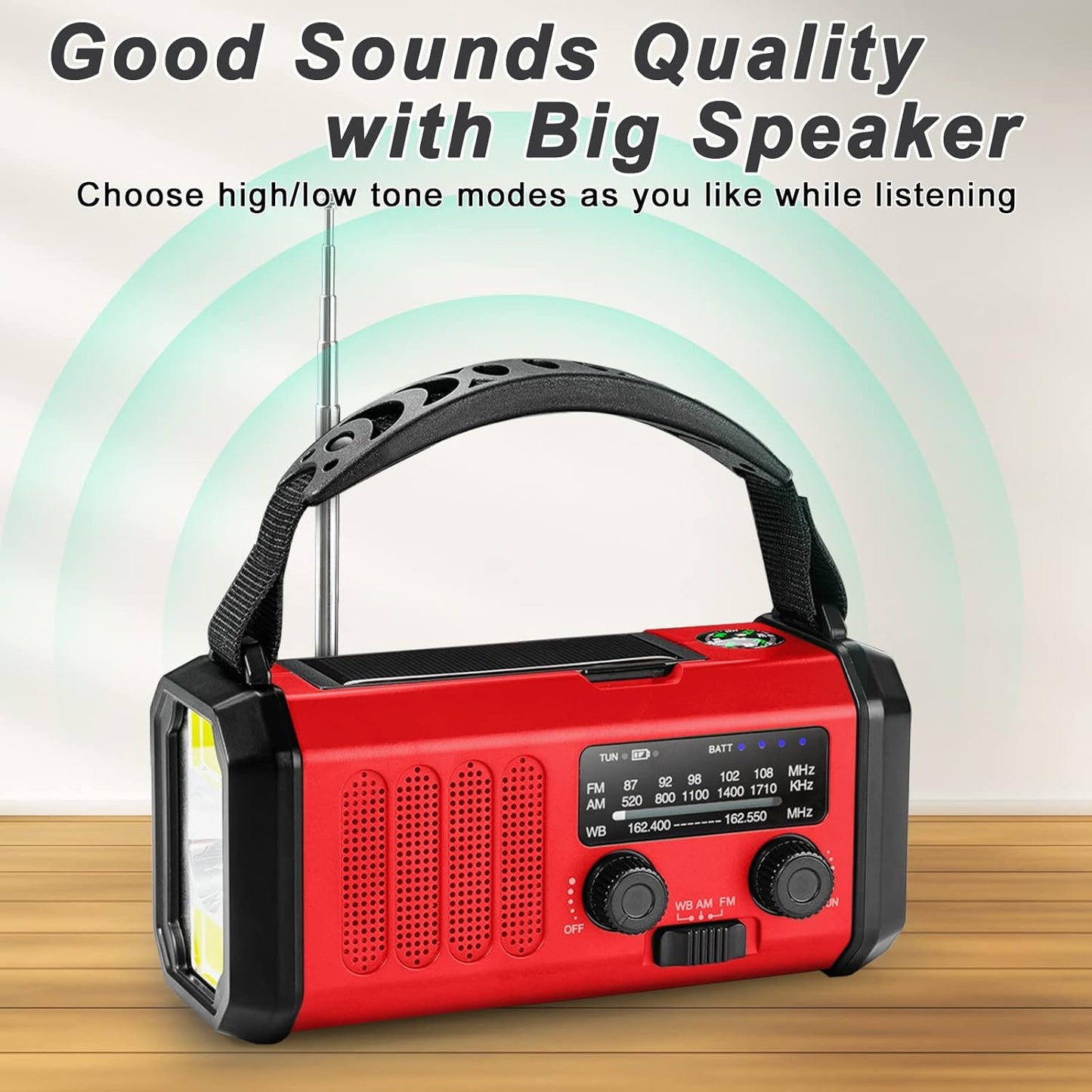 Emergency Solar Crank Radio, 10000mAh NOAA/AM/FM Weather Radio, USB Type-C Charging, Polymer Battery, Torch & LED Reading Light, SOS Alarm, Compass for Camping