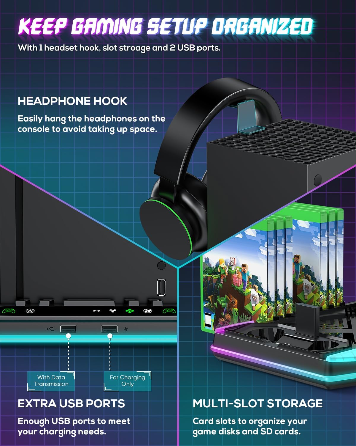 Cooling-Stand-Charging-Station for Xbox Series X Console＆Controller, Cooler Fan Charger Dock for Xbox Series X Accessories with 11 RGB Light Modes,2x1400mAh Rechargeable Batteries,Game Storage