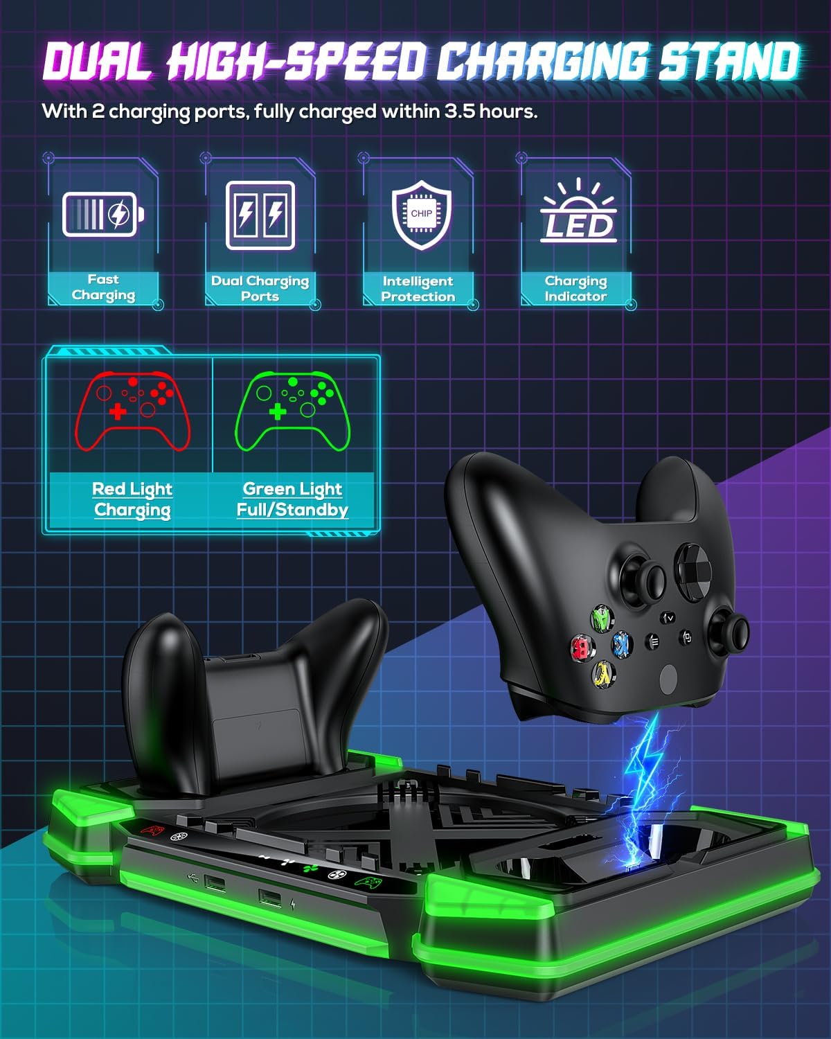 Cooling-Stand-Charging-Station for Xbox Series X Console＆Controller, Cooler Fan Charger Dock for Xbox Series X Accessories with 11 RGB Light Modes,2x1400mAh Rechargeable Batteries,Game Storage
