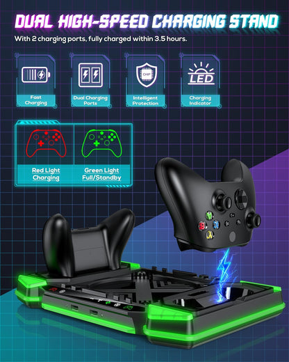 Cooling-Stand-Charging-Station for Xbox Series X Console＆Controller, Cooler Fan Charger Dock for Xbox Series X Accessories with 11 RGB Light Modes,2x1400mAh Rechargeable Batteries,Game Storage