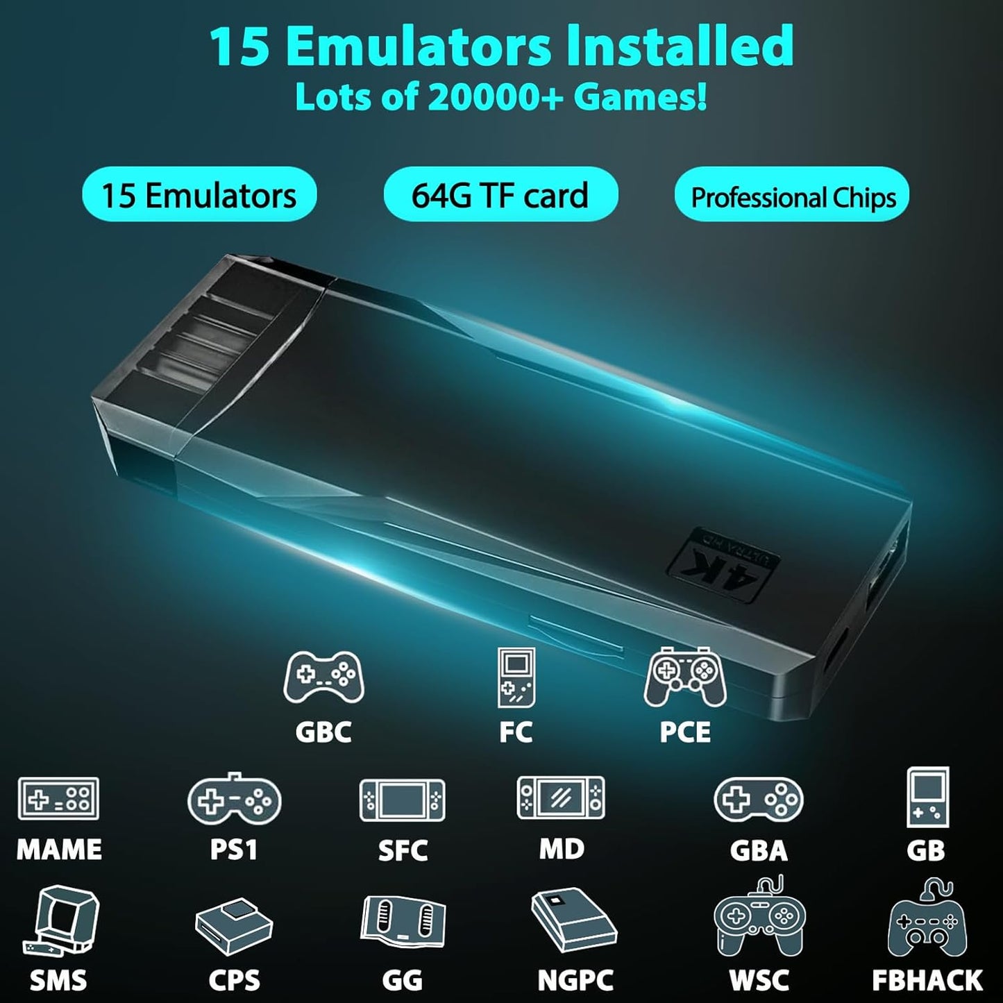 Wireless Retro handheld model Stick Built-in 20000+ Classic Games, 4K HDMI Output Nostalgia Plug & Play Retro Video Gaming Stick with 15 Emulators and Dual 2.4G Wireless Controller（64GB Memory Card）