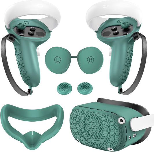 Silicone Protective Cover Set for Meta Quest 2, Pink VR Headset Shell with Controller Grips, Lens Cover, Face Cover, Thumbstick Caps, Anti-Shock Full Protection Accessories Kit (Dark Green)