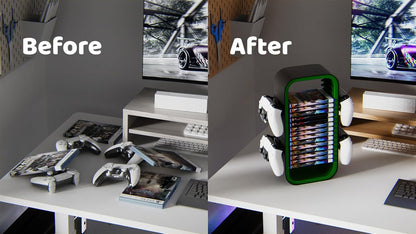 OYO-1【40cm】Game Storage Tower Compatible with PS5/ Xbox Series S & X/Switch, Universal Video Games Discs Organizers 18 PCS with 4 Controllers Holder, Game Disk Box Stand. (Black/Green)