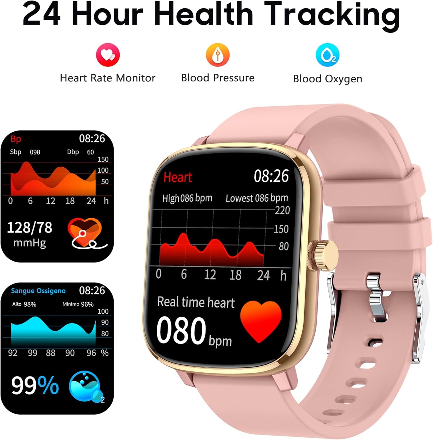 Smart Watch for Women Men, Popglory Smartwatch with Blood Pressure, Blood Oxygen, Sleep Monitor, Fitness Tracker with Heart Rate Tracking/Pedometer/Calories, Full Touch Fitness Watch for Android iOS