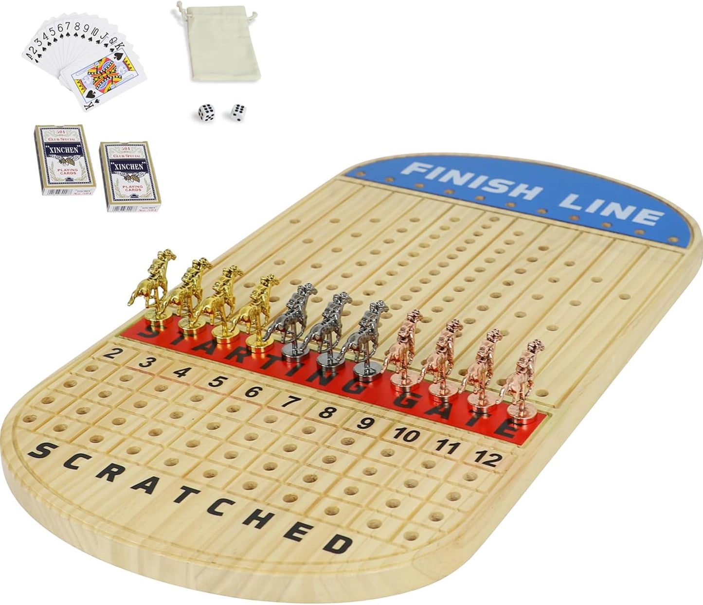 21 inches Horse Racing Board Game Solid Wood with 11 Luxury Metal Horses Thickened Pine Finish LINE Race Game Chessboard Including 2 Sets of dice and 2 Boxes of Cards (Log Color)