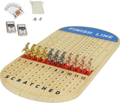 21 inches Horse Racing Board Game Solid Wood with 11 Luxury Metal Horses Thickened Pine Finish LINE Race Game Chessboard Including 2 Sets of dice and 2 Boxes of Cards (Log Color)