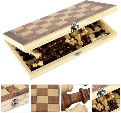 40cm Large Wooden Chess Set with Folding Board, Storage Slots, Chessmen Pieces, 3-in-1 Chess Backgammon Checkers Board Game for Adults & Kids