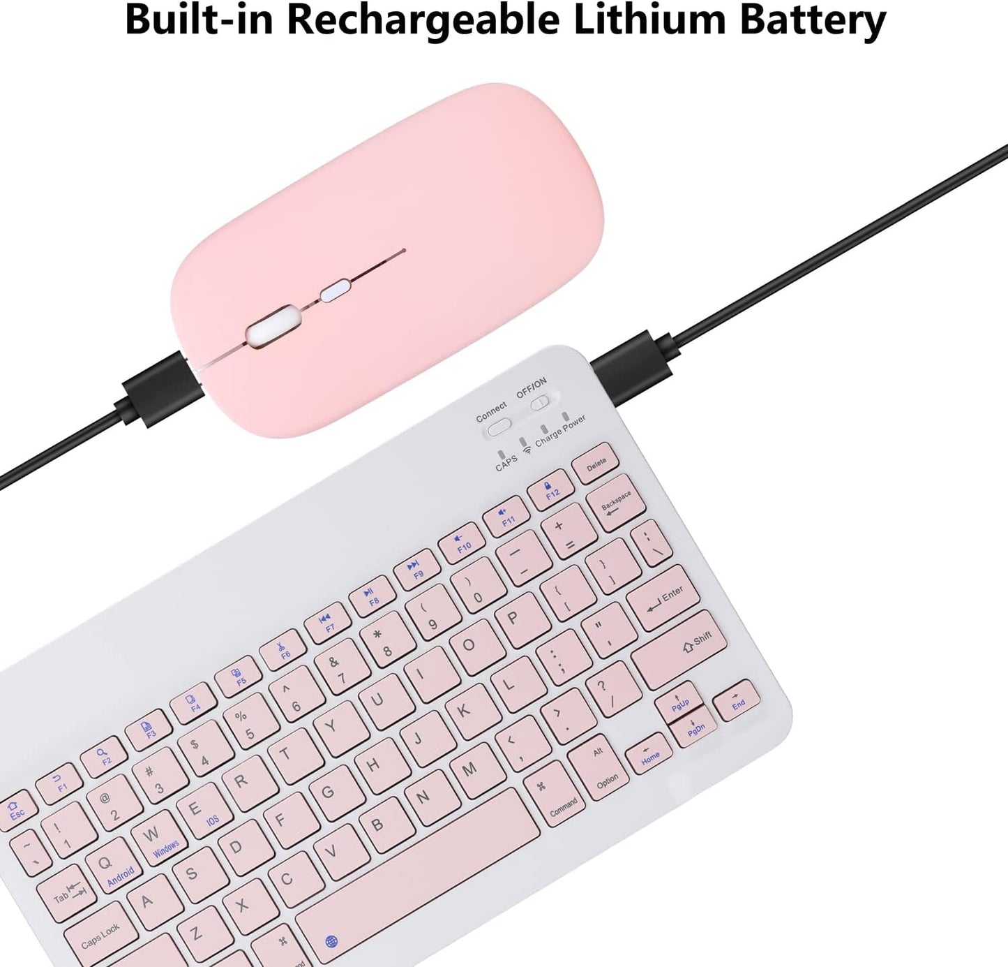 Rechargeable Bluetooth Keyboard and Mouse Combo for iPad, Ultra-Slim Portable Wireless Mouse Keyboard for iPad Pro Air Mini iPhone Samsung Tablet Cell Phone Android, iPadOS/iOS 13 and Above (Pink)