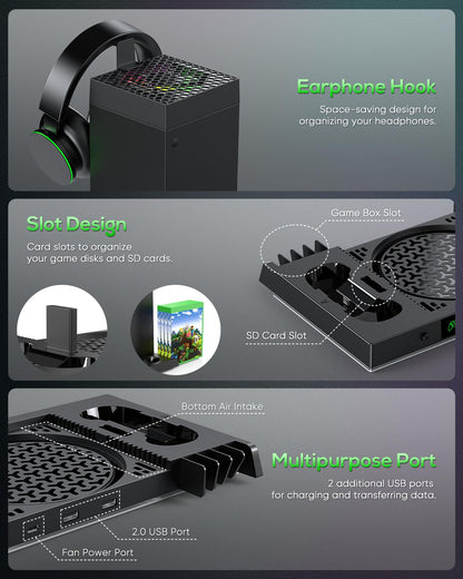 Cooling Fan & Charging Station Compatible with Xbox Series X, Dual Controller Charger Dock with RGB Light Modes, Rechargeable Battery Packs, Headset Holder & Game Storage – Black