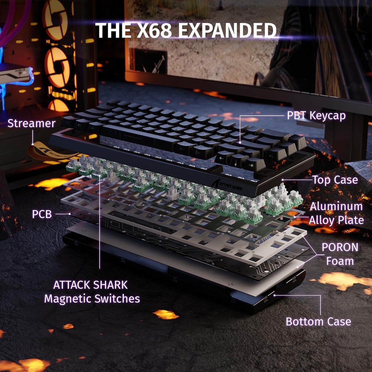 ATTACK SHARK X68 HE Rapid Trigger Mechanical Gaming Keyboard 60% Wired TKL with Adjustable Actuation,Hall Effect snap-fit Switch,8KHz Polling Rate,RGB Backlit,Top Mount for PC Mac Esport Gamer(Black)